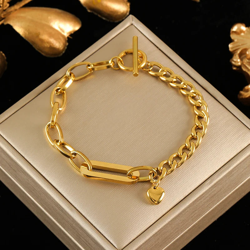 EILIECK 316L Stainless Steel Metal Texture Oval Chain Bracelet Bangle For Women 18K PVD Plated Wrist Chain Waterproof Jewelry