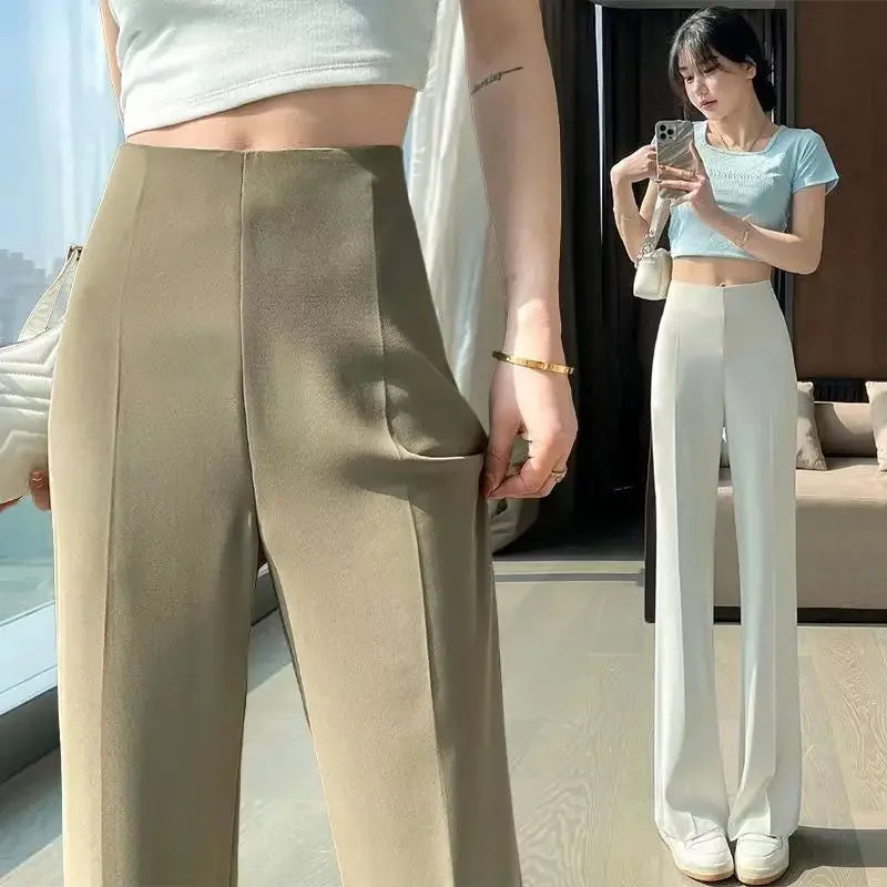 Solid Tailoring High Waist Female Pants Straight Leg Work Loose Clothes Baggy Office Trousers for Women Casual Original Nylon G