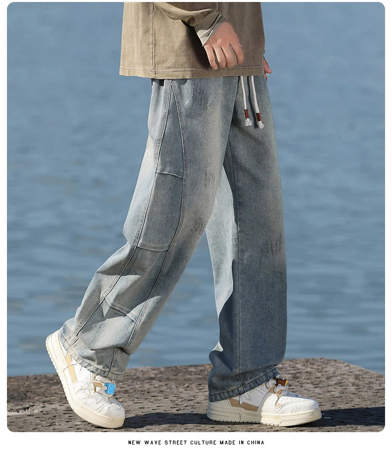 Jeans men's American high street vintage washed crease splicing men's spring and fall models loose straight pants