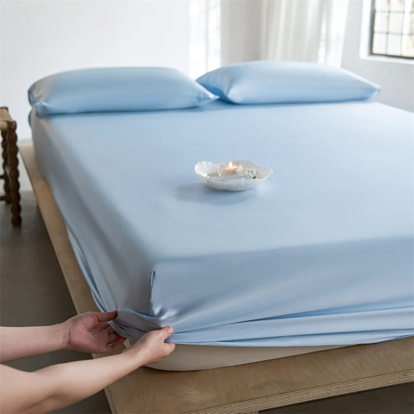 Pure Natural Mulberry Silk Fitted Sheet with All Around Elastic Band Soft Silky Breathable Mattress Cover Luxury Anti-Slip Sheet