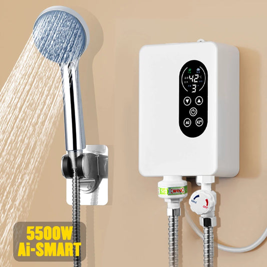 5500W Instant Water Heater 220V Smart Wall Mounted Electric Shower Tankless Instant Water Heater Thermostat for Bathroom Kitchen