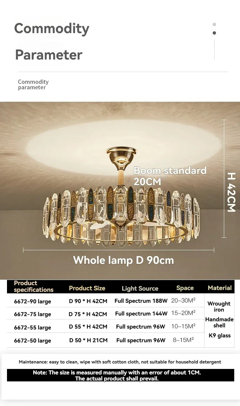 Crystal Ceiling Fan Lamp Modern Living Room Dining Room Remote Integrated Ceiling Fan Light Home Bedroom Study Silent Fan Lights