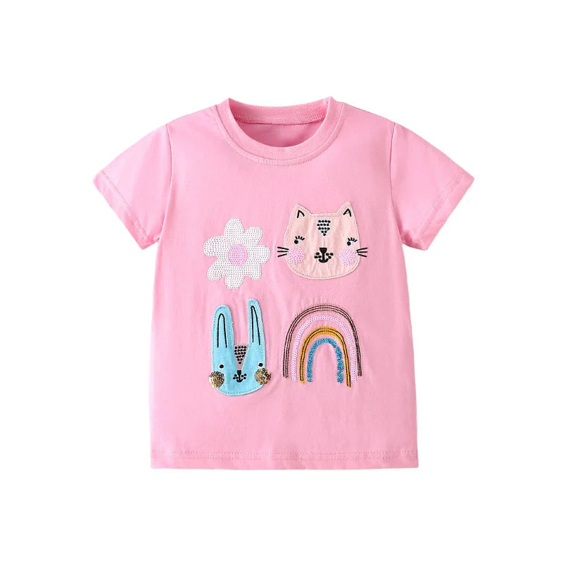 Jumping Meters 2-7T Animals Embroidery Summer Girls T Shirts Short Sleeve Kids Tees Tops Baby Costume Children's Clothes Shirts