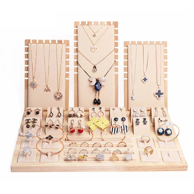Wood Set Jewelry Counter Display Stand Necklace Pendant Holder Earring Ring Display Tray Props High-Capacity 39*25Cm