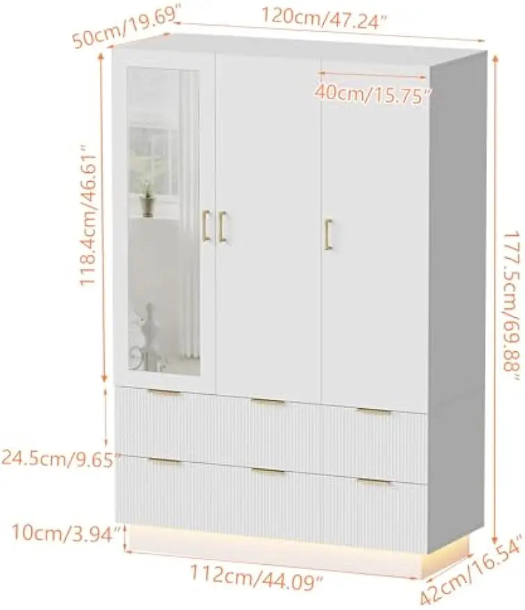 Armoire Wardrobe Closet with 3 Door, Bedroom Armoires with Mirror and LED Lights, Hanging Rod, Drawers