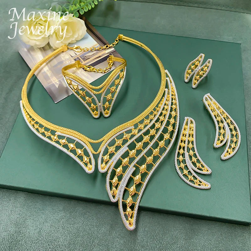 Feather Two Tones Geometric Design Jewelry Set Women Collar Necklace Earring Bracelet Ring African Bridal Wedding Party Gifts