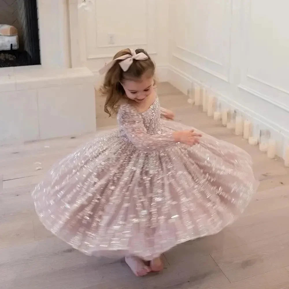 Custom Flower Girl Dress First Christmas Dress Wedding Party Gown Blush Pink Sequin Lace Long Sleeve Kids Evening Dress فسات