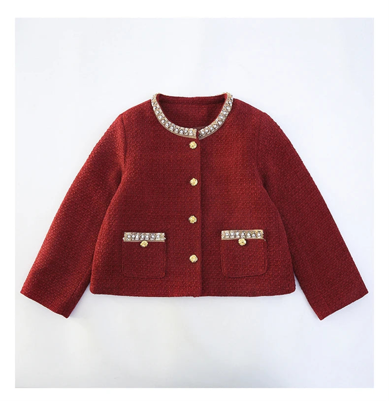 design winter teen girl clothes set beaded round neck jacket+Pleated skirt 2pcs Christma junior children outfit kids suit 4-14