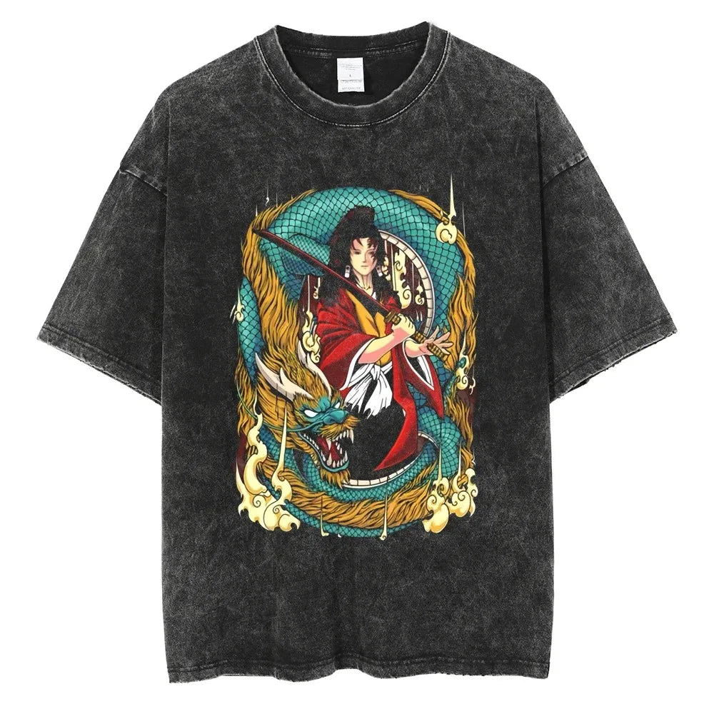 Hot Anime Demon Slayer Kokushibo Graphic T-Shirt Men Women Manga Tshirts Washed Cotton T Shirt Harajuku Unisex Vintage Top Tees