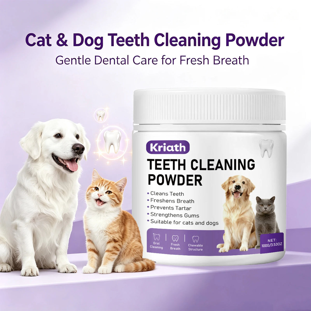 Pet Dental Powder for Dogs and Cats Reduces Tartar and Plaque Freshens Breath Improve Oral Odor Daily Pet Oral Hygiene Powder