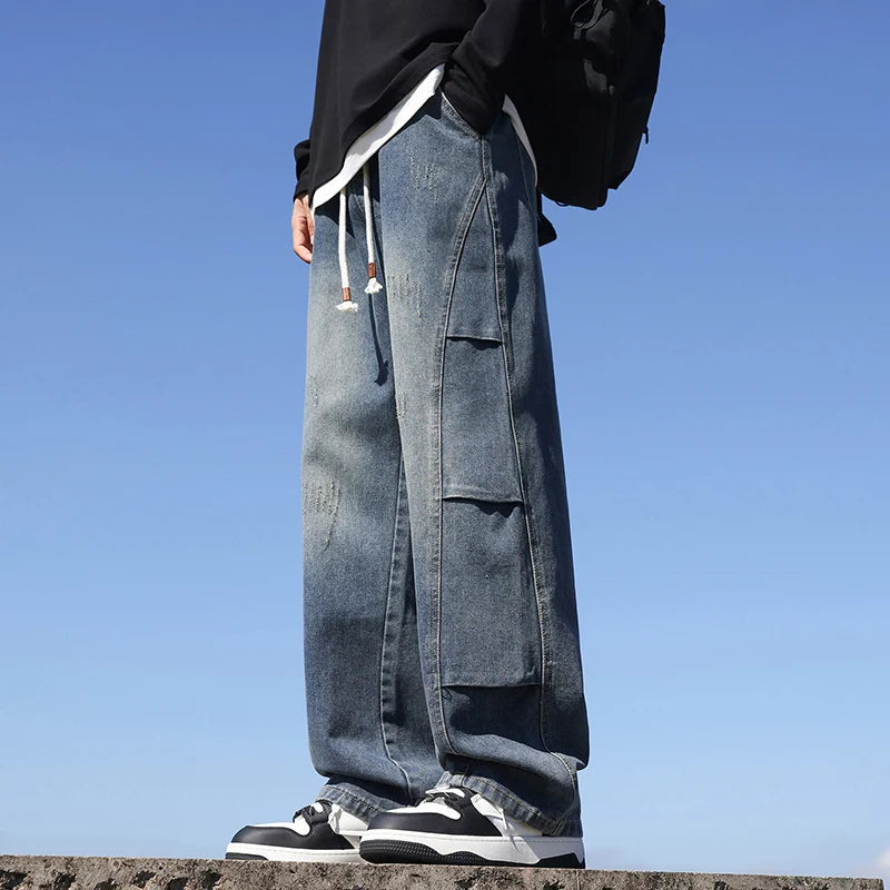 Jeans men's American high street vintage washed crease splicing men's spring and fall models loose straight pants