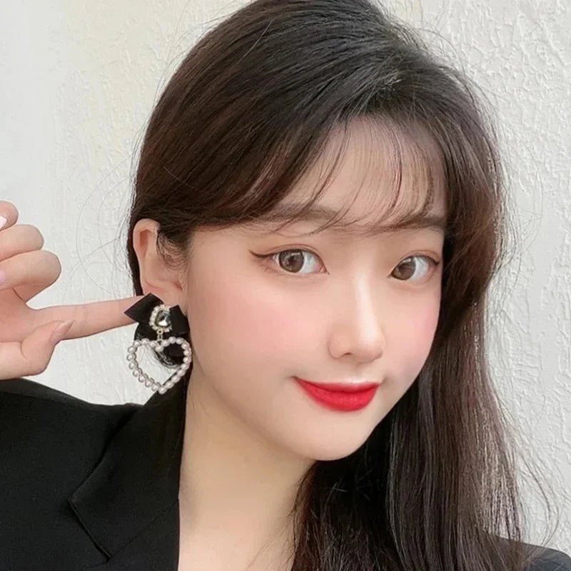 Black Bowknot Square Glass Heart Charm Drop Earrings Gold Color Heart Metal Imitation Pearl Surround Ins Girls Party Jewelry