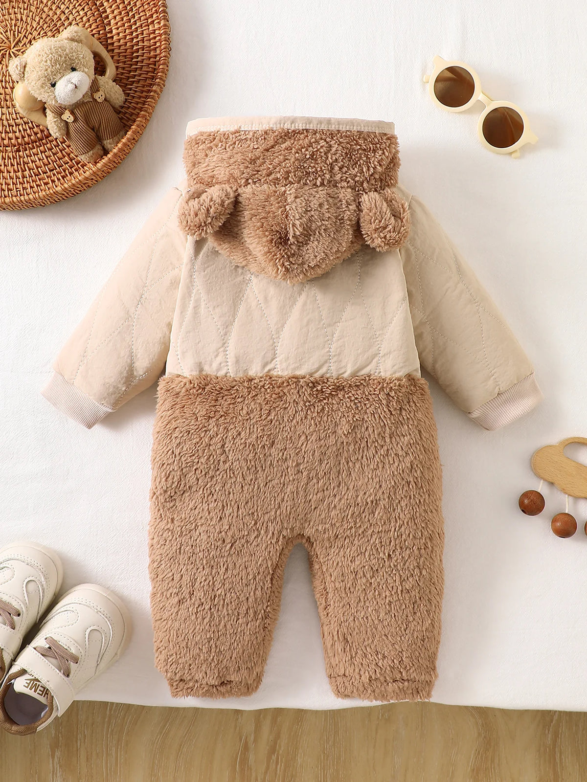 IURNXB Cute Bear Ear Hooded Baby Winter Romper Warm Fleece Patchwork Zipper Jumpsuit for Newborn Infant Outdoor Wear 1-18M