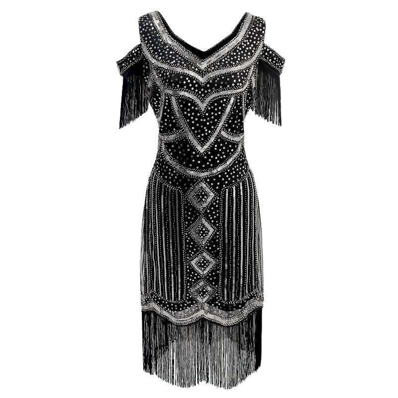 Women Fringe 1920s Flapper Dress 20s Gatsby Themed Party Dress Vintage V-neck Off Shoulder Sequin Beaded Cocktail Dress