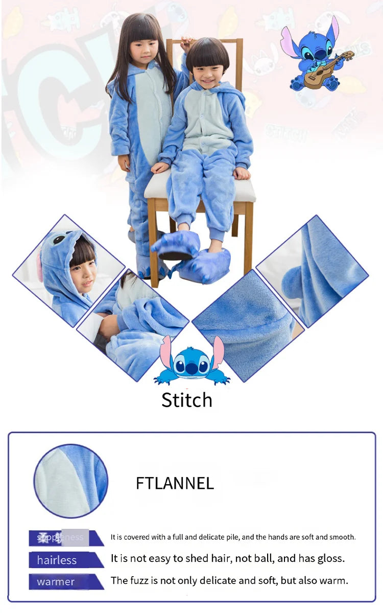 Children's Gift Autumn and Winter Flannel Cartoon One-Piece Pajamas for Boys and Girls Home Clothes Stitch Cute Christmas Gift