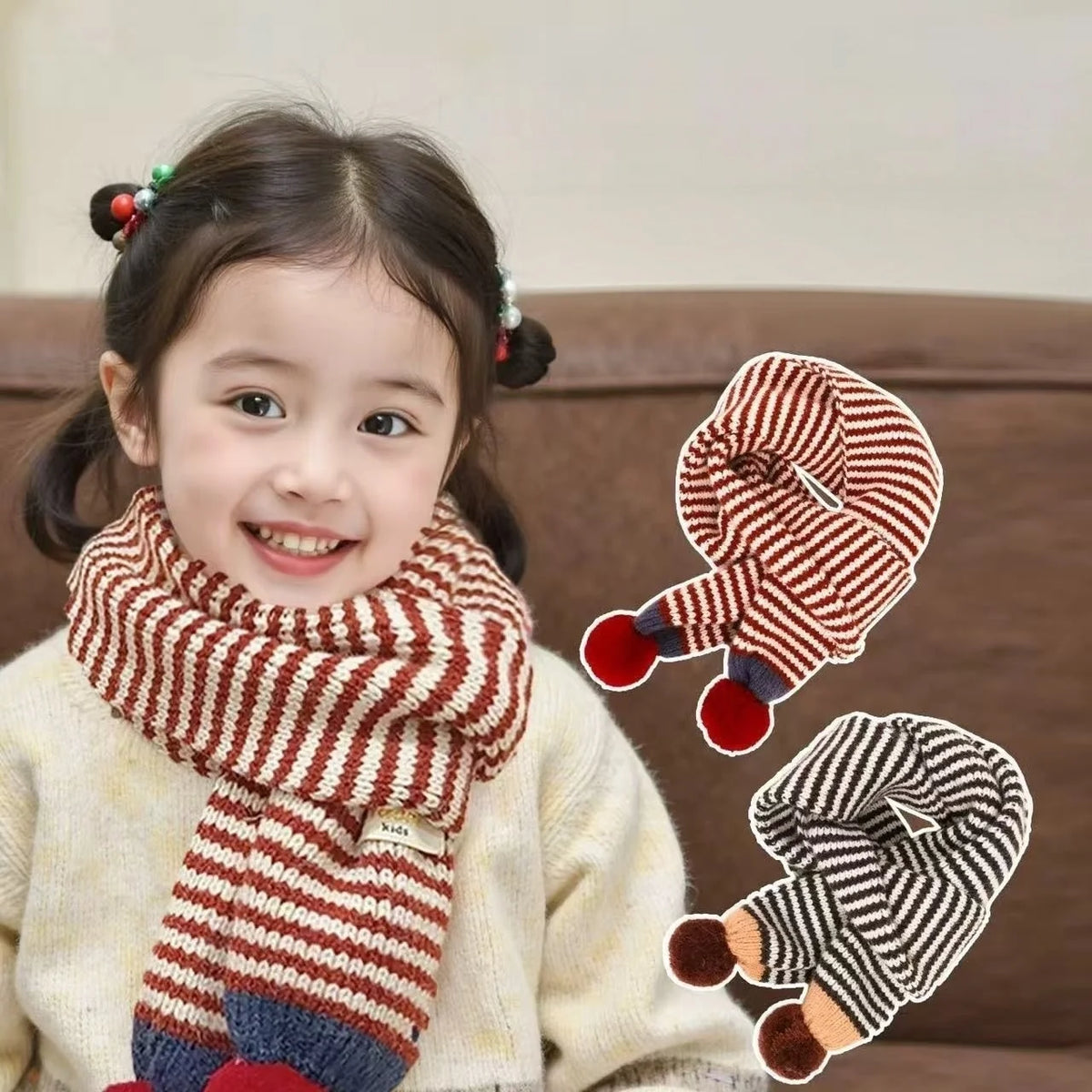 Winter Warm Knitted Kids Scarf Cute Pom Poms Stripe Neck Warmer For Boys Girls Letter Patch Casual Children Scarf