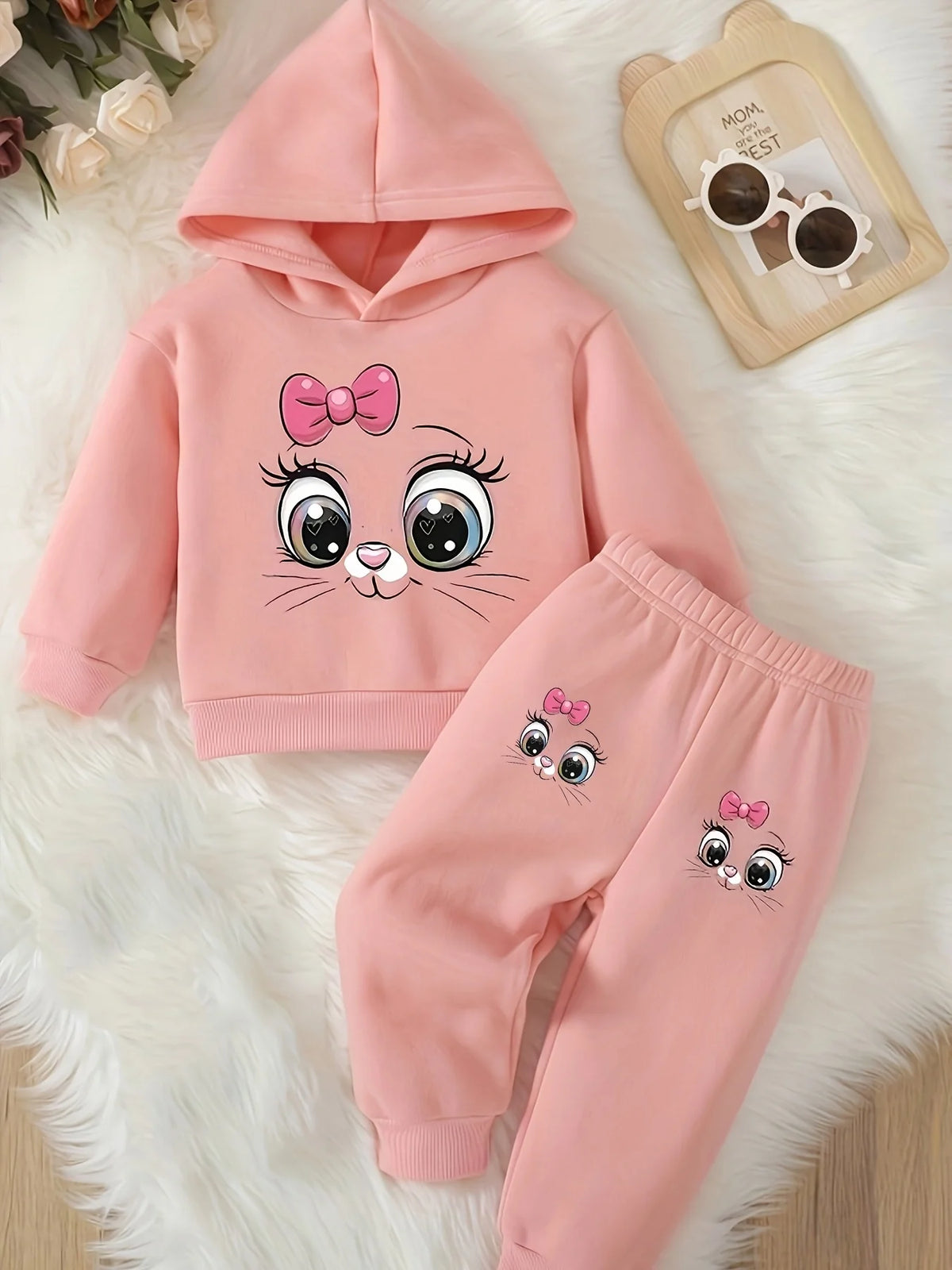 Baby girl cute cartoon cat pattern long sleeved fleece hooded sweatshirt+casual simple pants set, spring and autumn two-piece se
