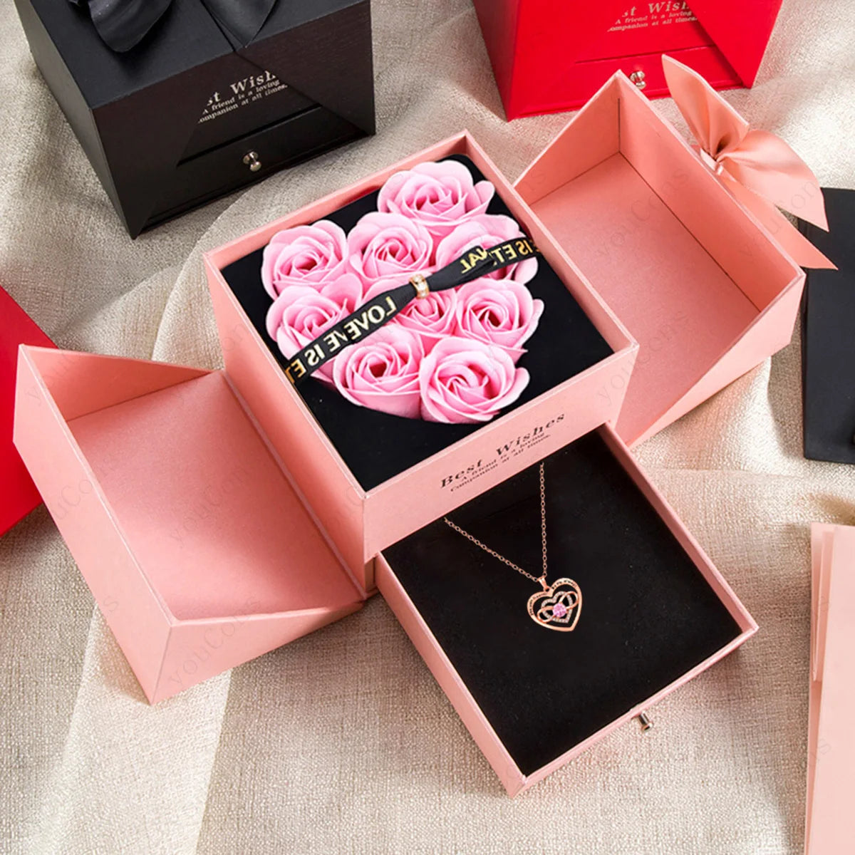 Zircon Heart Necklace Pendant With Rose Bow Box 2025 New Jewelry Set For Girlfriend Christmas Valentine Day Anniversary Gift