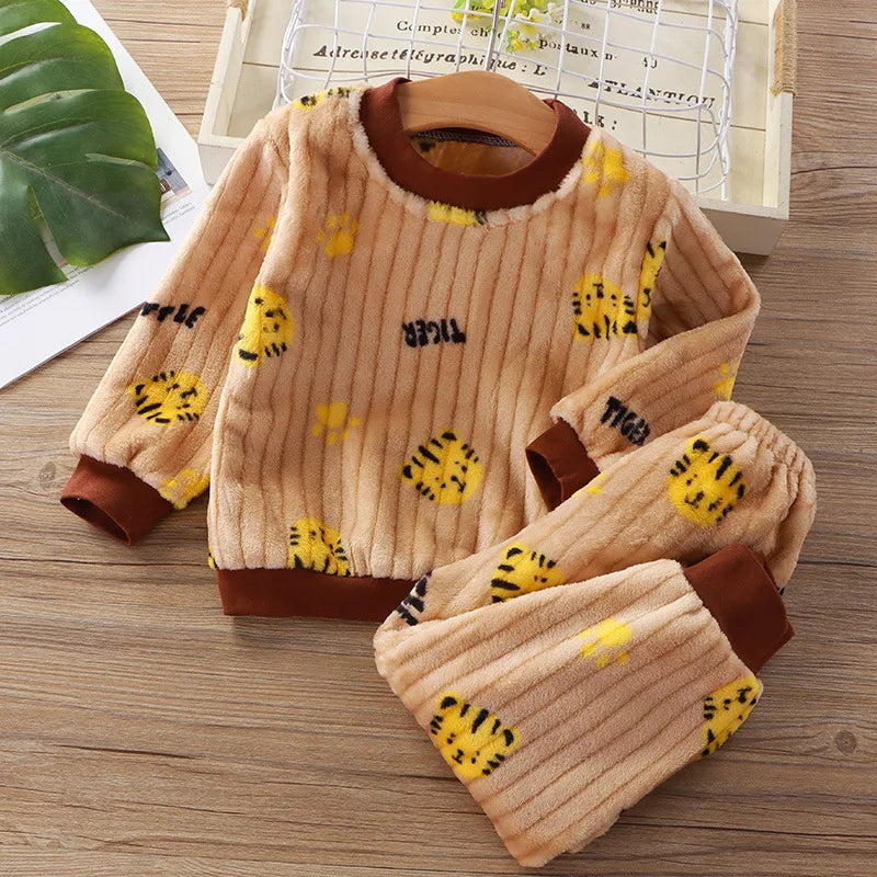 Two-piece Autumn Winter Home Sleepwear Set Boys Baby Fleece Warm Outdoor Children Girls Homewear Suits Thickened Ammonia Fabric