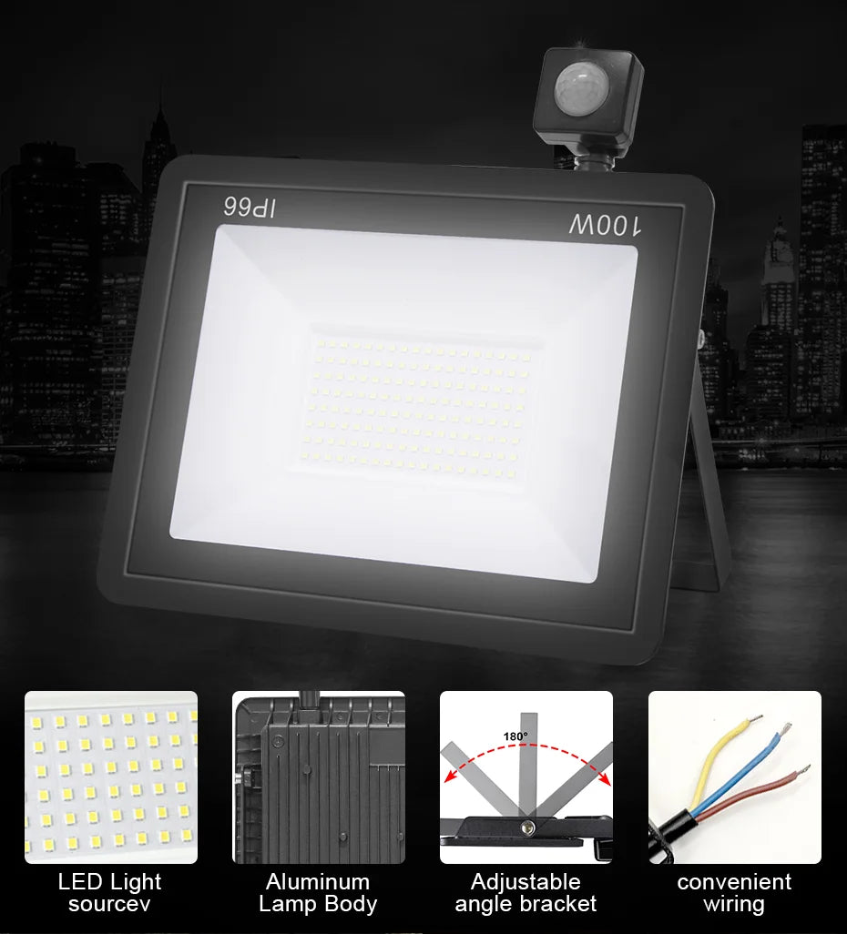 Outdoor LED Floodlight PIR Sensor 10W 20W 30W 50W 100W Cold White IP66 AC220V Garden/Street Reflector Spotlight with IR Remote