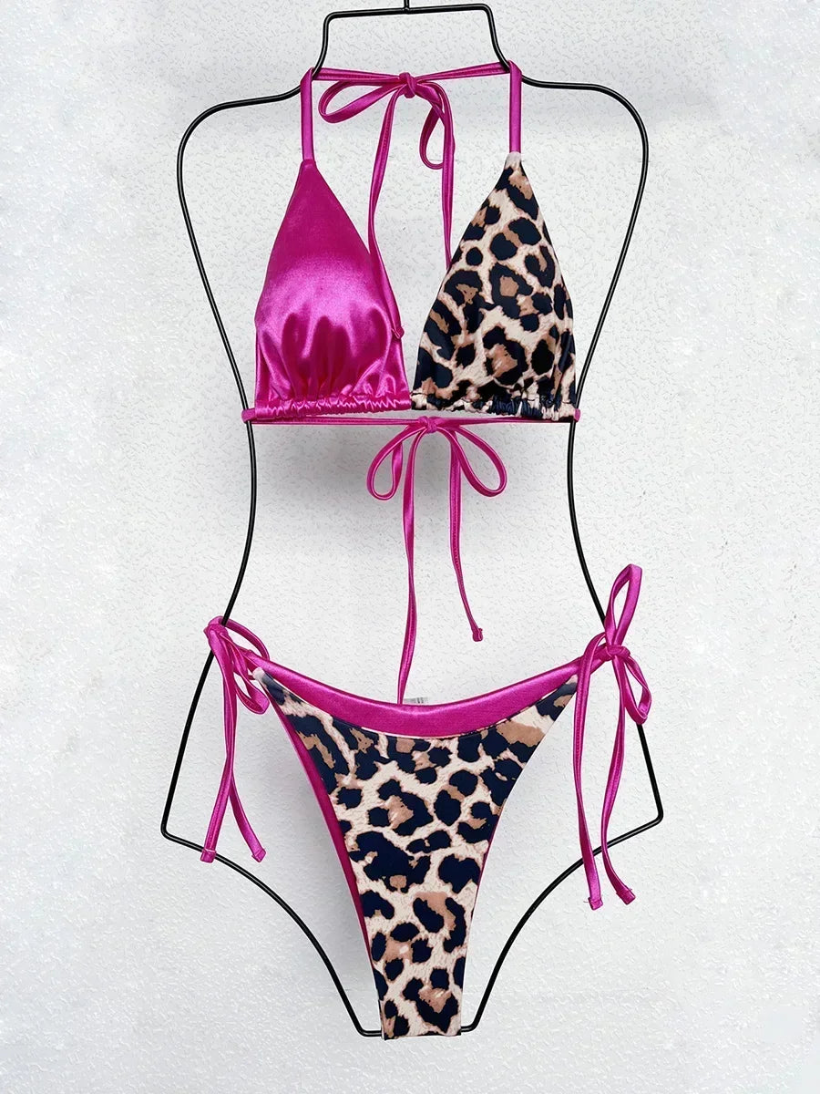 Halter Splicing Leopard Bikinis 2026 Satin Bikini Female Swimsuit Women Swimwear Two-pieces Bikini Set Micro Bathing Suit Swim