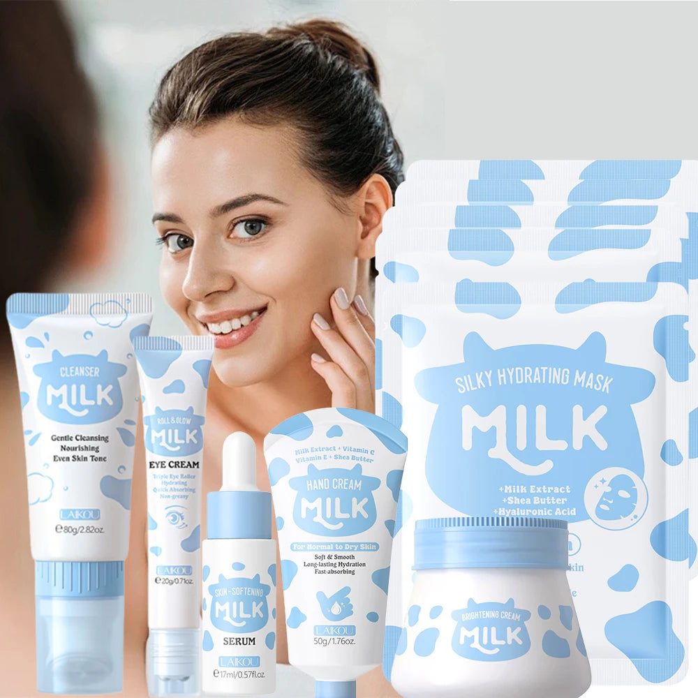 10PCS Milk Nourish Skincare Set Face&Hand Dual Care - Brightening Eye Cream BB Cream Pore Cleansing Gentle Deep Hydration Christ