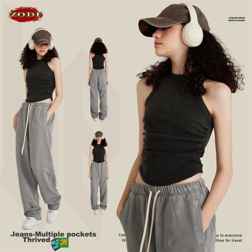 ZODF Women 2025 Hotsweet Girls Washed Cotton Tank Tops Female 315gsm Slim Pleated Arc Hem Camisole TEE Brand Tops HY0574