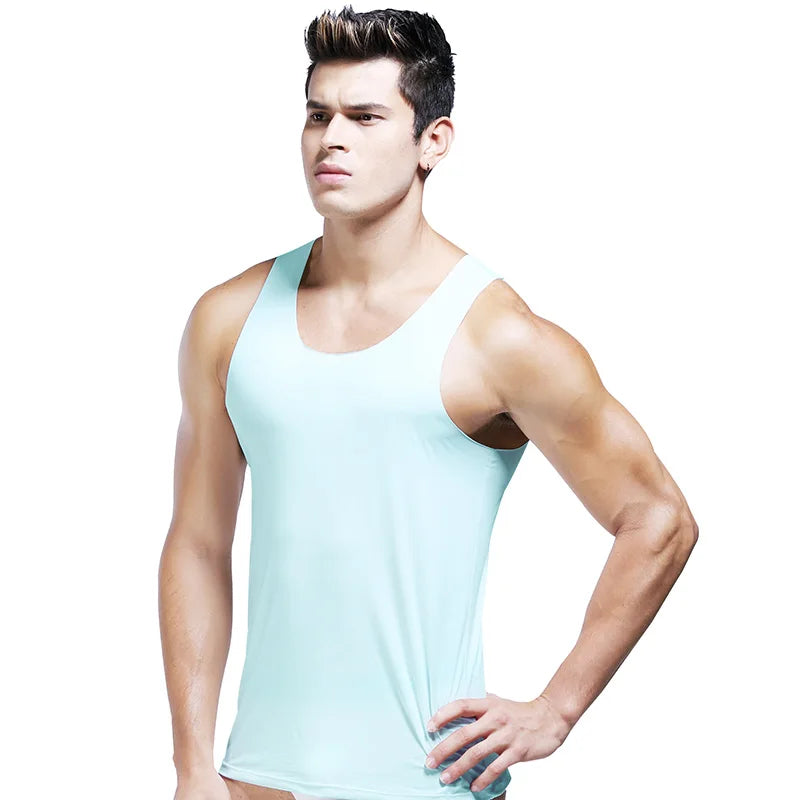 Men's ice silk sports trackless solid color I-word sweat vest single sleeveless tight-fitting fitness one-piece base shirt