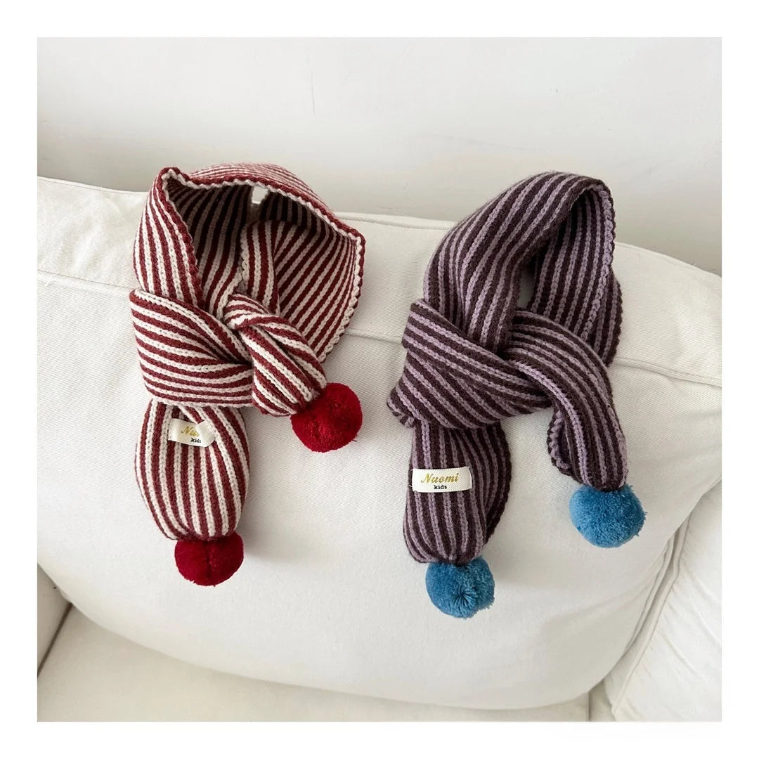 Warm Winter Neck Warmer 2025 Kids Striped Knitted Scarf with Cute Pom Poms Soft Fashion Accessory for Baby Toddler Boys Girls