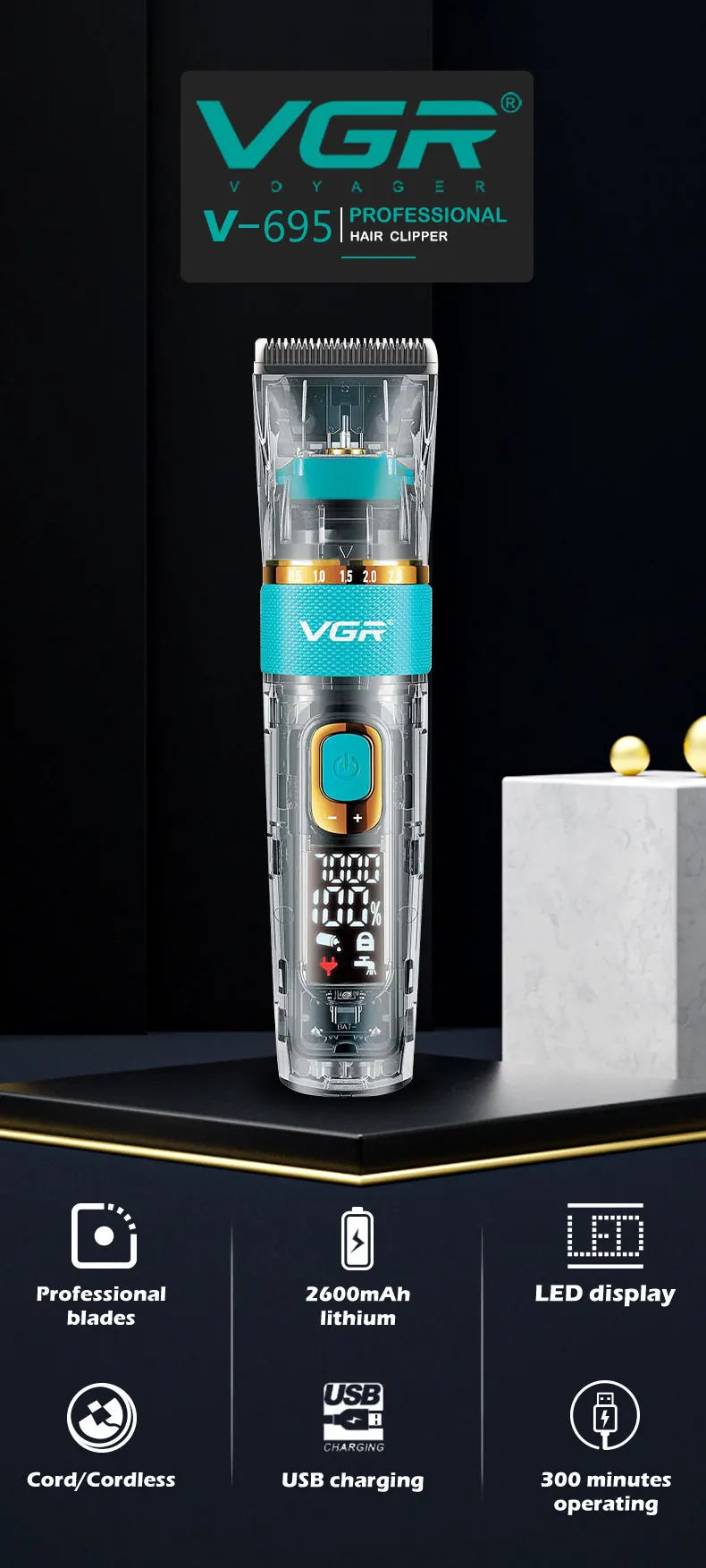VGR Professional Hair Clipper Barber Waterproof Hair Cutting Machine Beard Hair Trimmer Three-speed Adjust Haircut For Men V-695