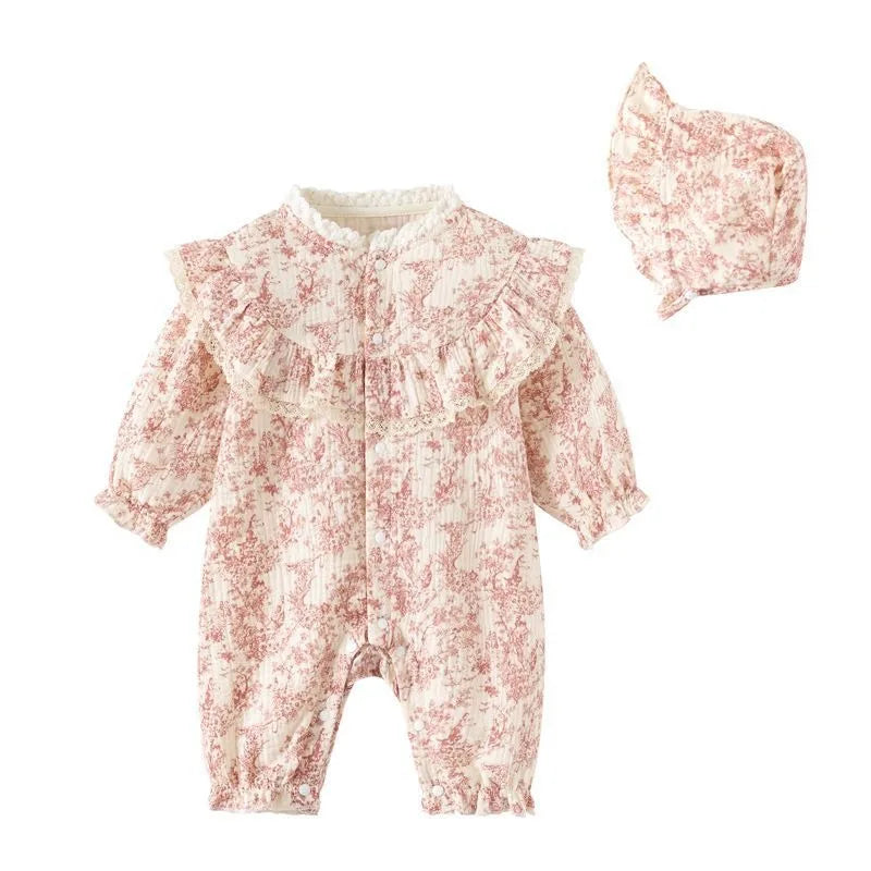 Bellbell Infant Baby Girl Rompers Early Autumn Floral Printed Toddler Kid Girl Jumpsuits 6-24M Newborn Girls Bodysuits with Hats