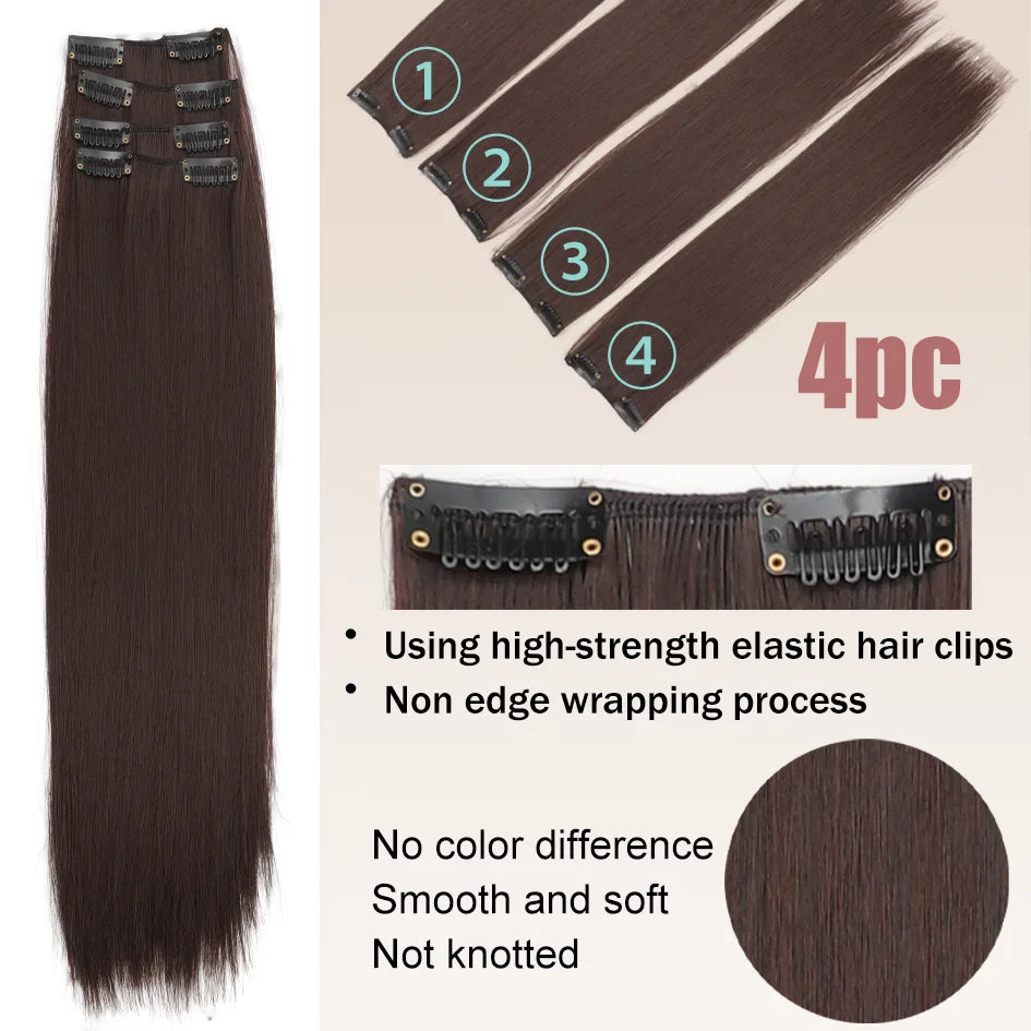 4pc synthetic women's 16inch/20inch/24inch four piece straight hair extensions, black/brown wig, suitable for daily wear