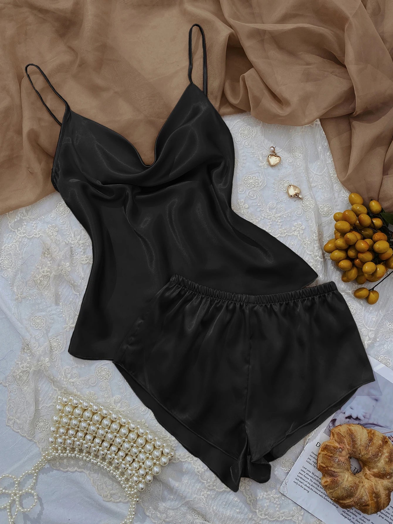 Solid Satin Pajama Set  V Neck Cami Top   Elastic Waistband Shorts Women's Sleepwear  Loungewear