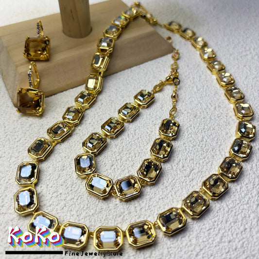 Original Charms 2025 New Fine Jewelry Set Women Gold Geometric Zircon Crystal Necklace Bracelet Earrings Romantic Gift