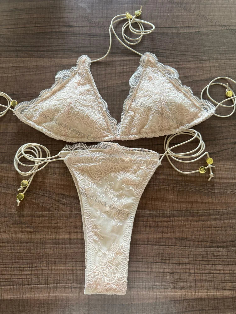Micro Thong Triangle Swimwear Sexy Lace Bikini Set 2025 Swimsuit Women 2 Piece Beachwear Bandage Bathing Suits Beach Wear