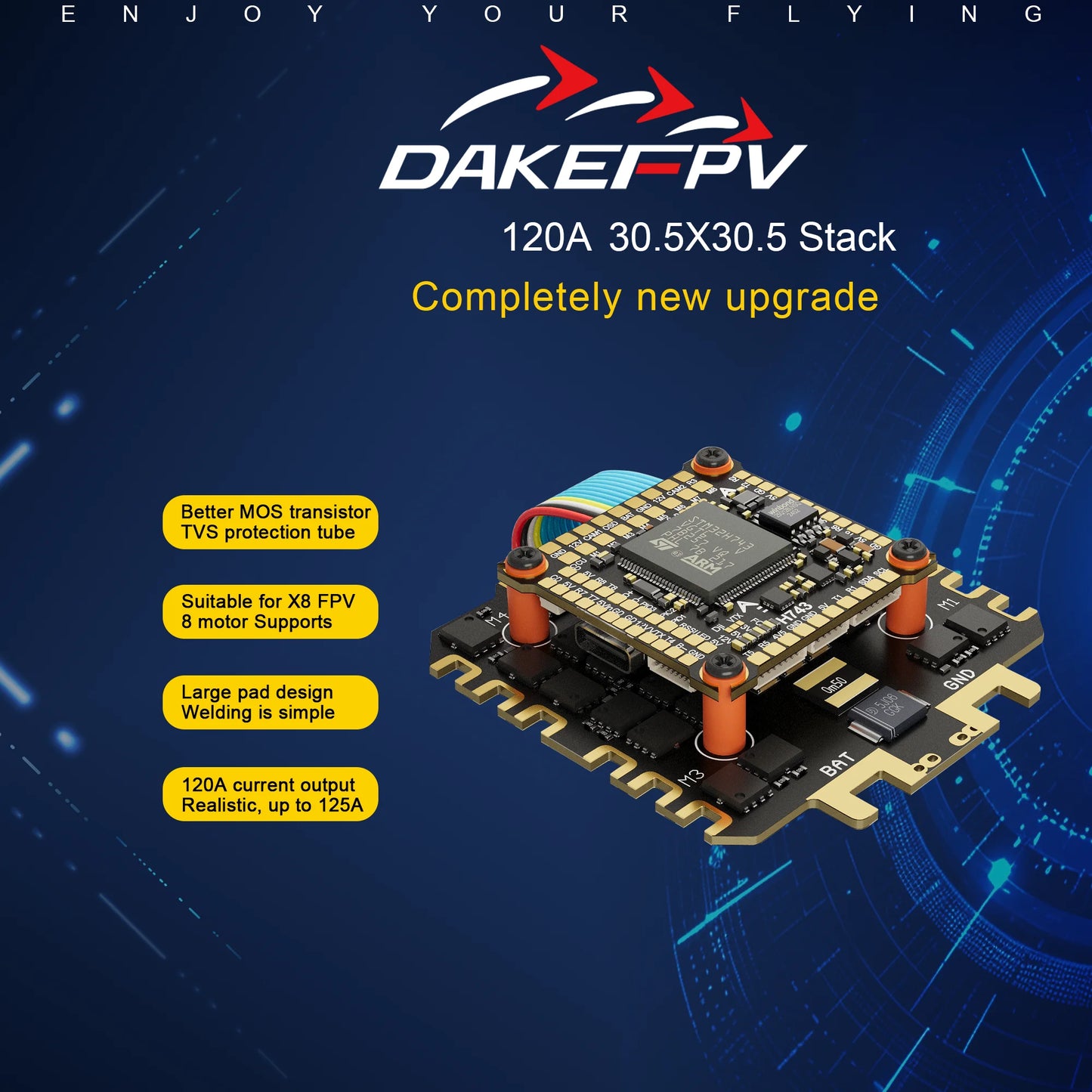 DAKEFPV H743 100A/120A stacked ICM42688P H743 flight control module BLHELI_S 120A 4-in-1 ESC 30.5X30.5 millimeters.