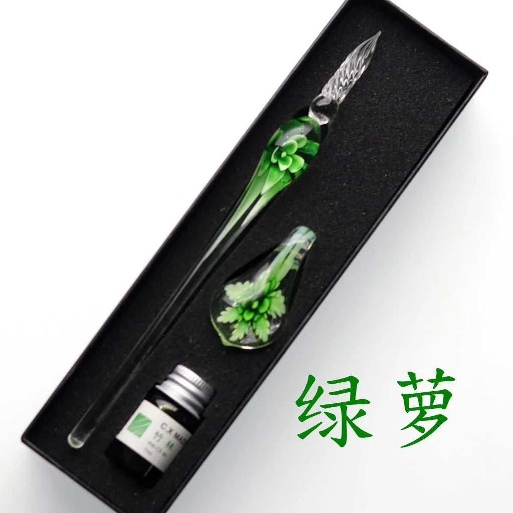 Embedded flower glass pen set, colored dipping pen, street vendor gift box, signature pen, glass pen gift