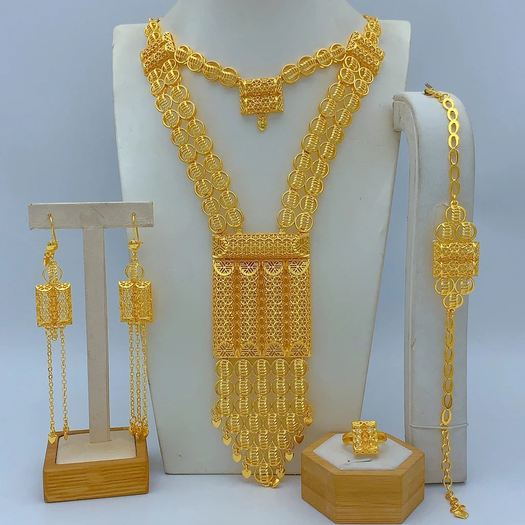 Ethiopian 24K Gold Color Jewelry Set For Women Bridal Nigerian Dubai Big Necklace Bracelet Earring Ring Sets Party Gift