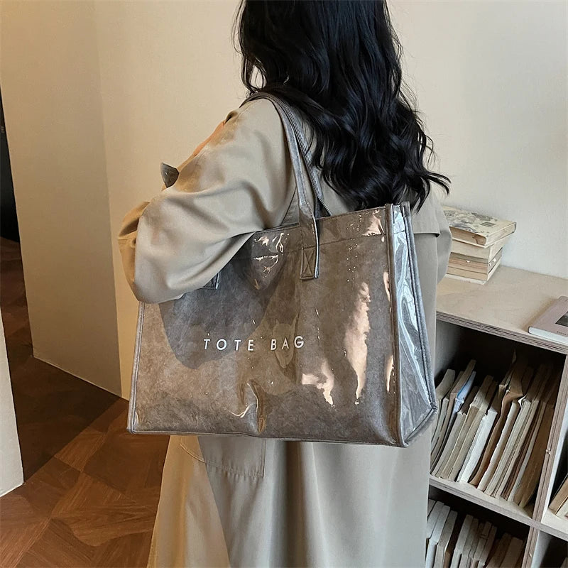 Women's Glossy Leather Tote Bag Letter Print Large Capacity Casual Commuter Shoulder Bag Fashion Daily Shopping Handbag 2026
