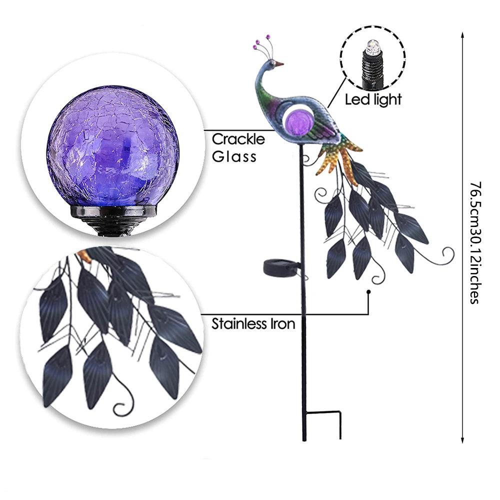 1pc Peacock Solar Garden Light, Solar Landscape Lights Metal Solar Pathway Stake Lights with Crackle Glass Ball Decor Lights