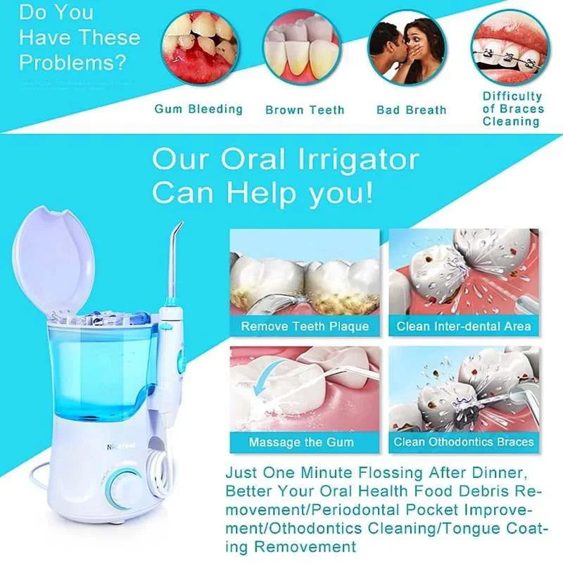 Nicefeel Ultrasonic Oral Irrigator Water Jet Flosser 600ML Water Tank Jet Tips Teeth Cleaner Dental Water Flosser 7 Nozzle