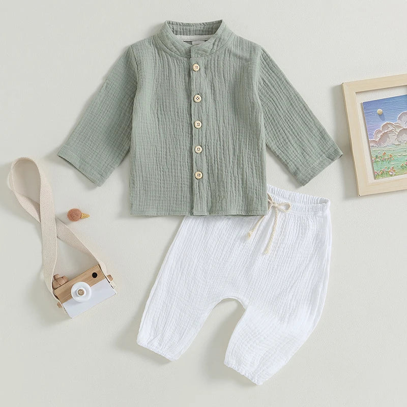0-4Y Kids Boys Summer Fall Outfits Baby Solid Color Buttons Long Sleeve Shirts Tops + Elastic Waist Long Pants Boys Clothes Sets