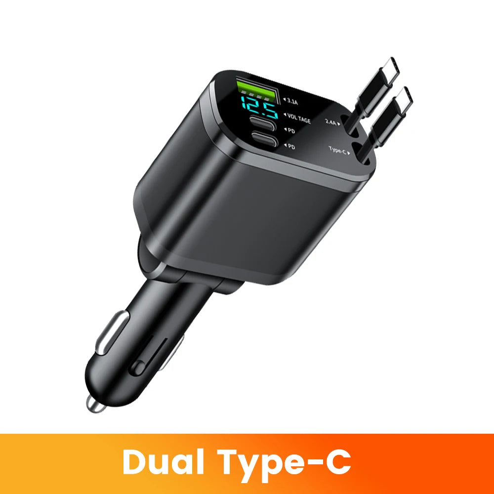 150w Car Charger USB+ Dual Type-C+Dual Type-C Stretching Cable PD Fast Charging Car Phone Digital Display Adapter For Cellphones