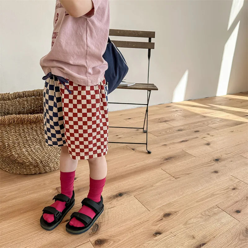 deer jonmi 2023 Summer Korean Style Children Plaid Patchwork Shorts Baby Boys Casual Chic Loose Shorts Kids Clothes