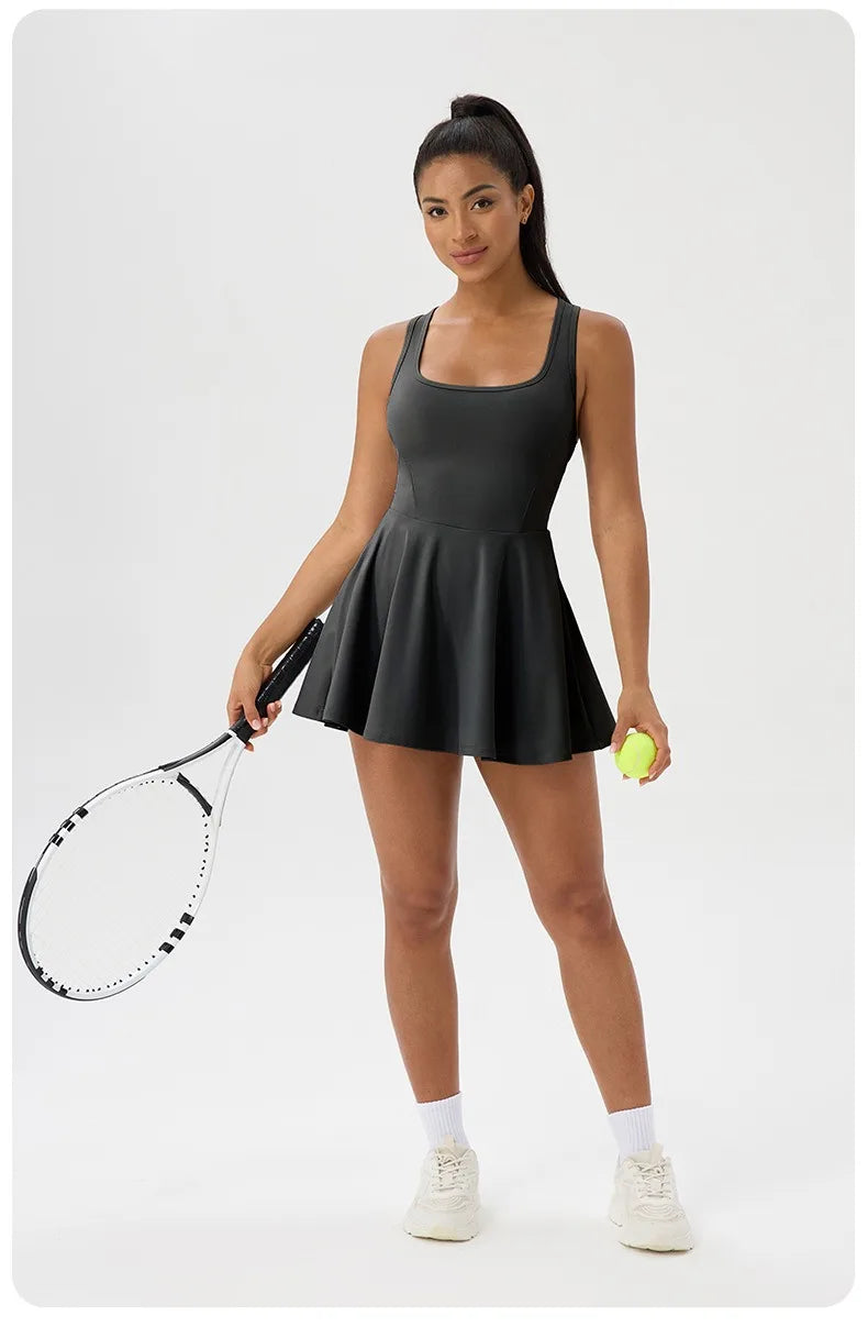 Women Summer Tennis Dress Breathable Quick-Dry Workout Dress Outdoor Sports Skirt Gym Yoga Short Dress Casual Athletic Skirt
