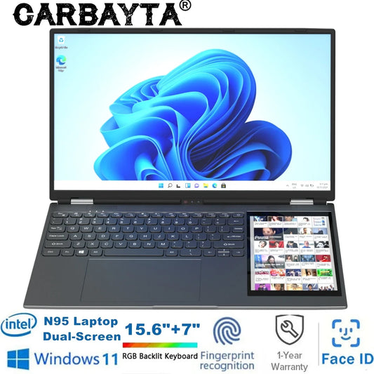 CARBAYTA 15.6"+7" Dual Screen Laptop Intel N95 32GB 16GB DDR4 RGB Backlit Keyboard Computer Notebook Laptops 7" Touch Screen