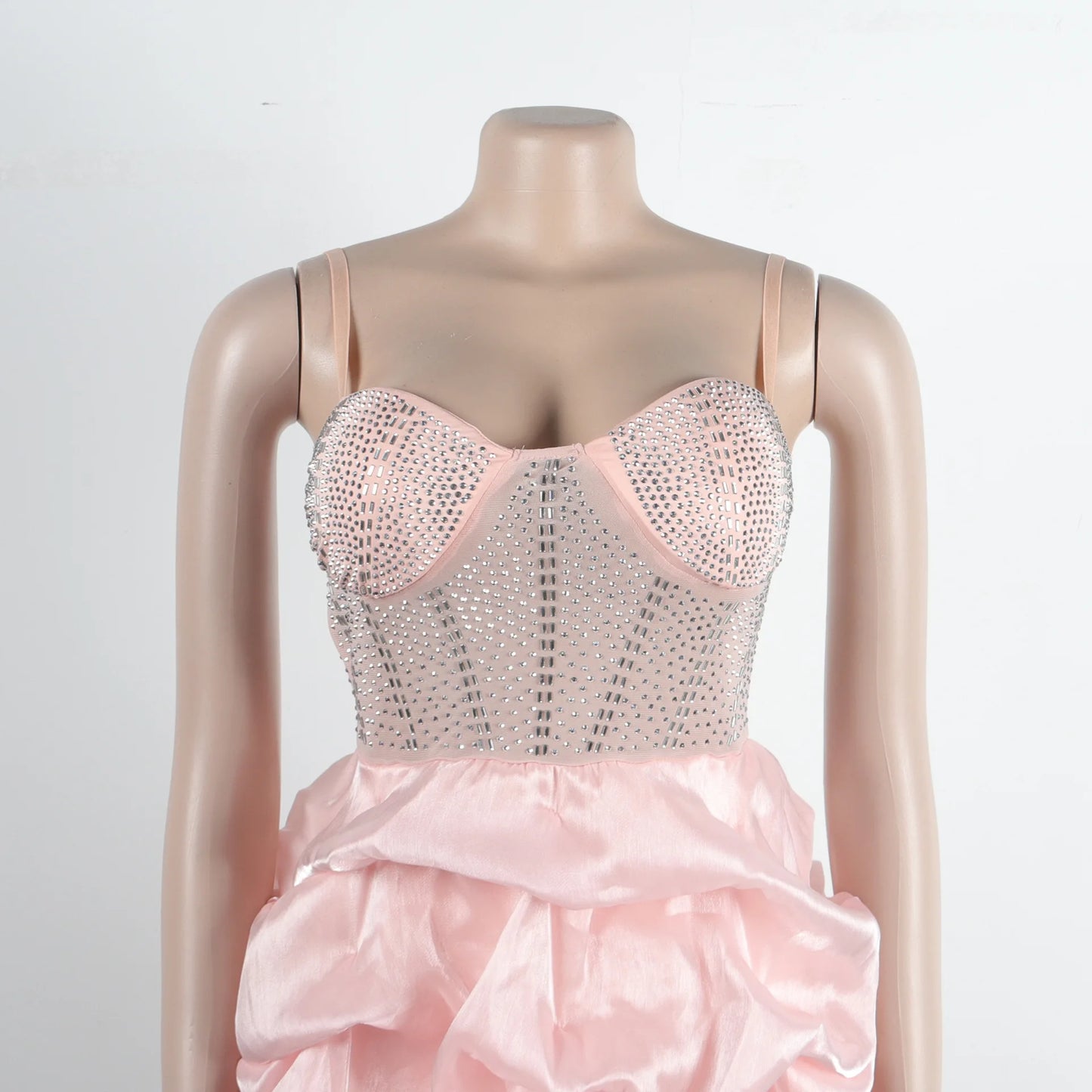 HBLL Sexy Rhinestone Bodycon Ruched Puff Suspenders Dresses Women Sheer Mesh Birthday Party Night Clubwear Summer Dresses Robes