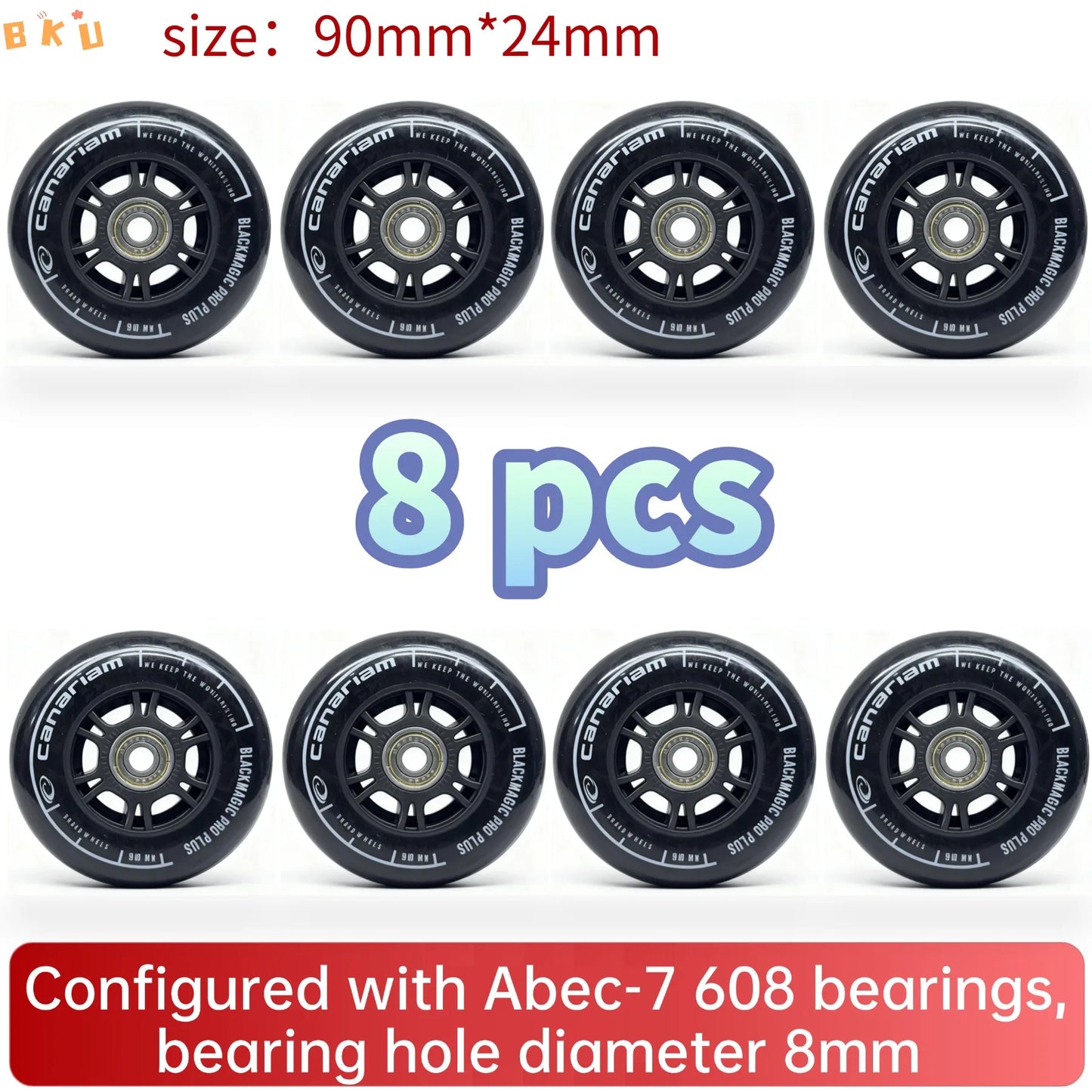 8pcs Universal 90mm PU Wheels for Inline Skates Luggage Stroller with ABEC-7 608 Bearings 12 Color Variants 8mm Inner Hole