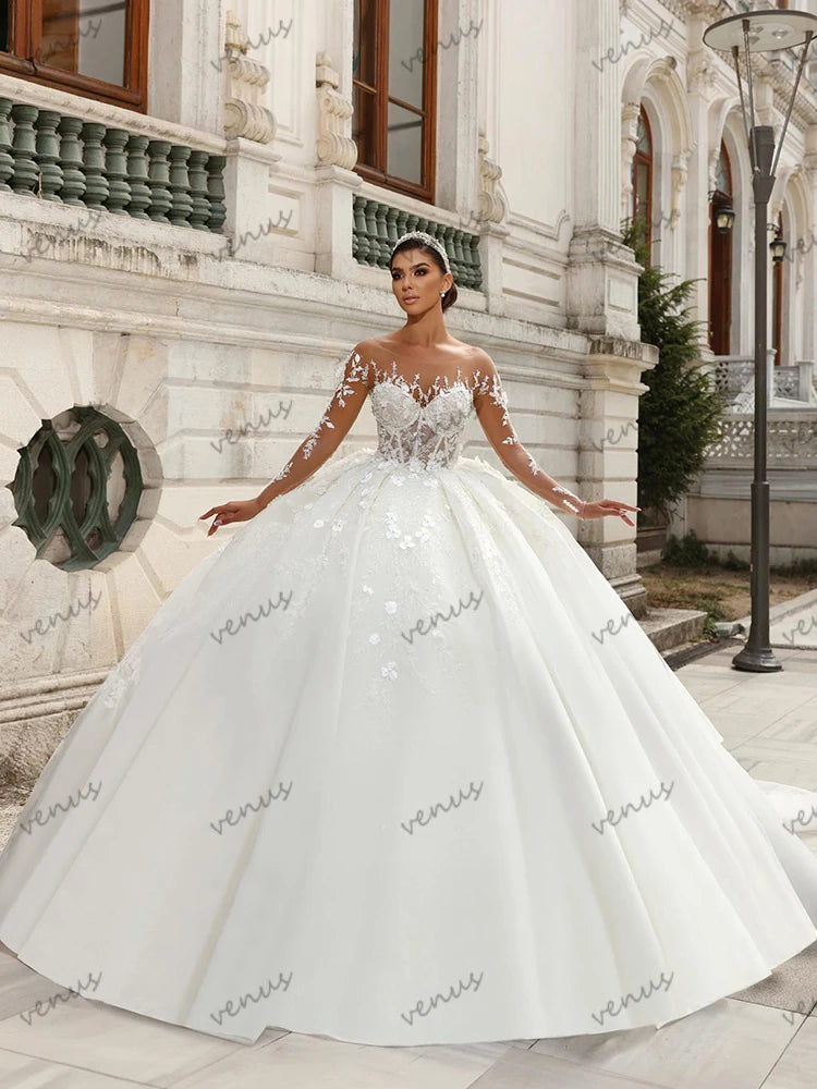 Vintage Wedding Dresses Charming Bridal Gowns Beading Appliques O Neck Full Sleeves Robes Glamorous Vestidos De Novia Customized