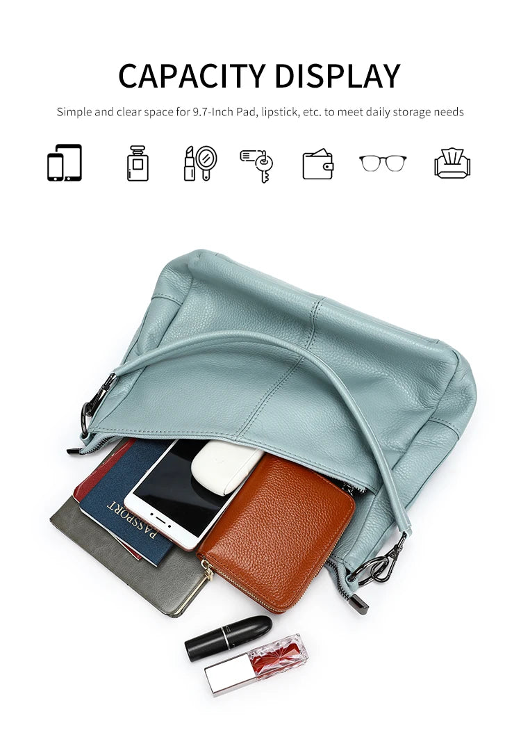 Women Full Grain Cow Leather Hobo Bag With Two Straps Multi Color Large Capacity Shoulder Crossbody Handbag